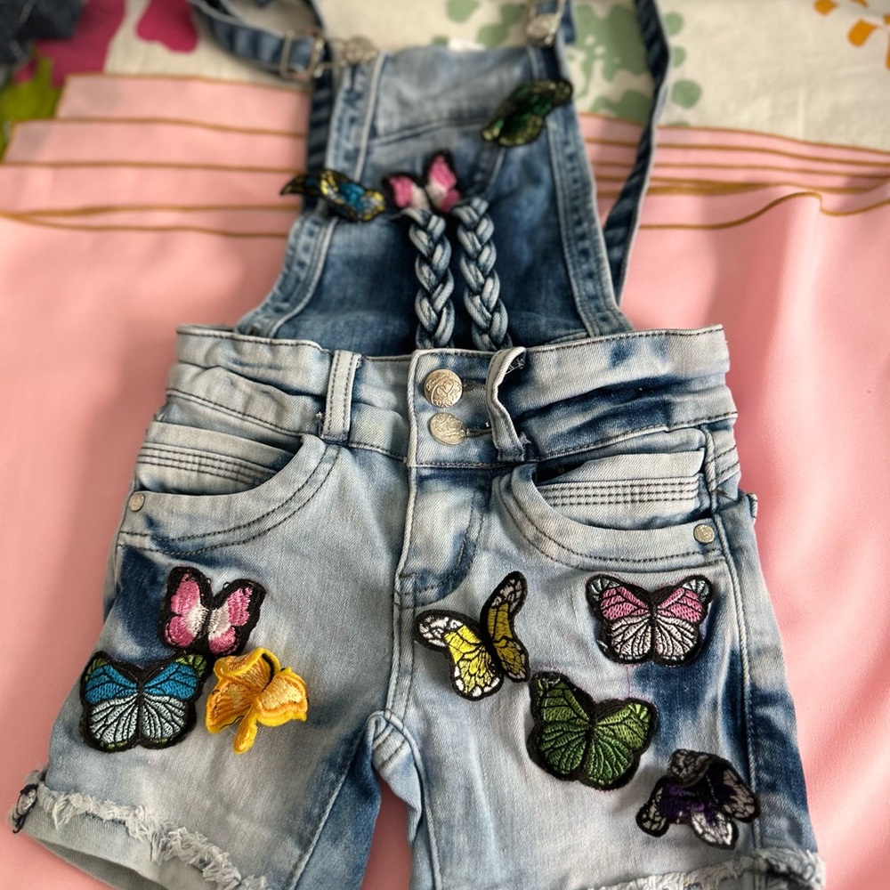 Kids' Light Blue Butterfly Embroidered Overalls